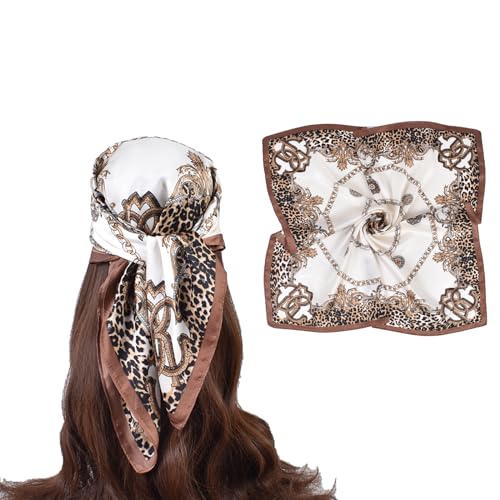 27.5 Inches Silk Head Scarf for Women Satin Hair Scarf Silk Wrap Neck Square Scarves Feeling Scarf Boho Headwear - color: White-leopard Print Chain