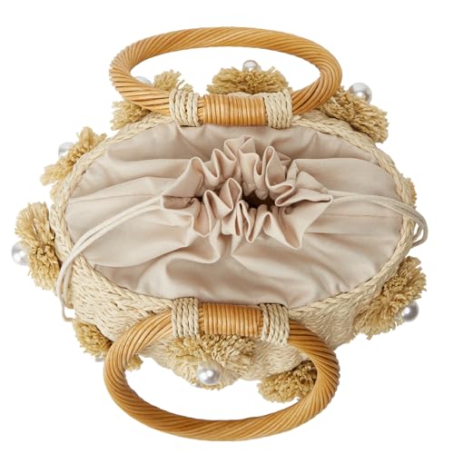 Summer Straw Bag for Women Pearl Flower Bucket Tote Bag Diamond Handbag Hand Woven Rattan Shell Purse Drawstring - color: B-beige