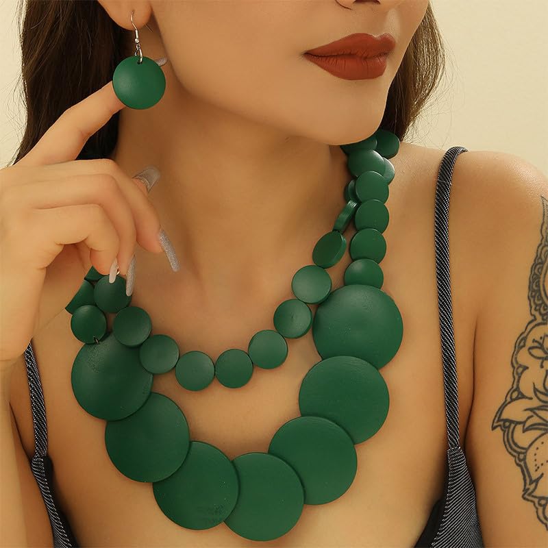 Chunky Wood Beaded Necklace Earrings Set African Tribal Collar Choker Necklace Geometric Ethnic Statement Jewelry - color: green