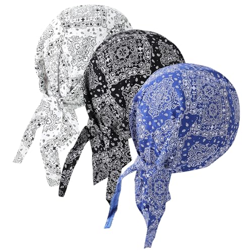 DOCILA 3 Pcs Do Rags for Men Skull Cap Bandana Hat Breathable Helmet Linner Beanie - color: Whiteblackblue