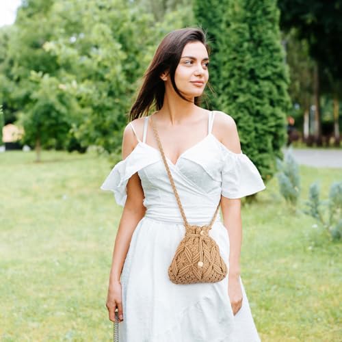 Peicees Drawstring Crochet Bag Purse- Woven Crossbody Purse For Women Summer Beach Vacation Travel Boho Shoulder Bag Small - color: Khaki