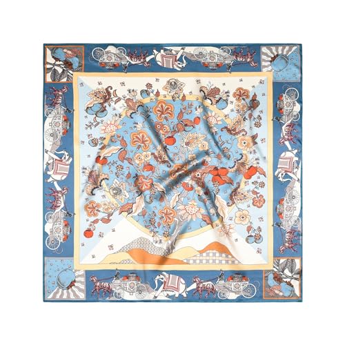 SHIROUYU 100% Pure Mulberry Silk Scarf 35" Large Square Lightweight Headscarf –Women’s Hair Wraps The shawl-With Gift Packed - color: Blue-persimmon
