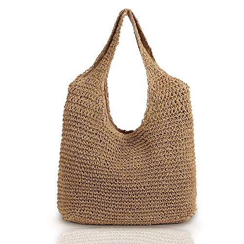 Hand-woven Soft Large Straw Shoulder Bag Boho Straw Handle Tote Retro Summer Beach Bag Rattan Handbag - color: Beige,khaki