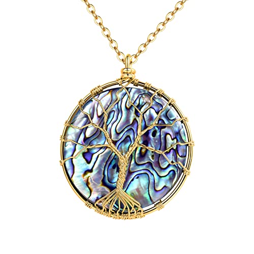 FOCALOOK Stainless Steel Wire Wrapped Tree of Life Abalone Necklaces Handmade Costume Jewelry Long Necklaces for Women (Send Gift Box) - style: 04.Round Shaped-Gold