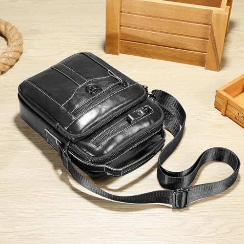 Leather Crossbody Bags for Men Casual Shoulder Bag Travel Messenger Bag Vintage Handbag Multi Pocket Satchel - color: Black