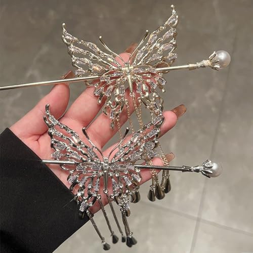 1 Pc Butterfly Hair sticks for buns,Hair pins for women,Buns and Updos with No Hair Damage,Metal French Pin Great Hold,Suitable for fine & thick hair(silver) US377 (silver) - color: silver