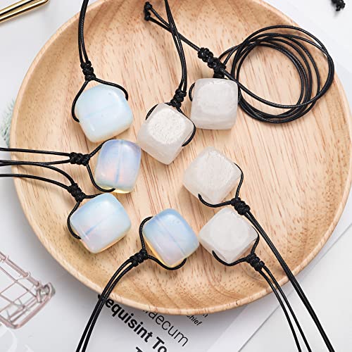 Runyangshi Opal Stone Healing Crystal Square Pendant 0.59"-0.78"(1.5-2cm) Tumbled Polished Stones Necklace Meditation Reiki Energy Amulet Bohemia for Men Women Hand-Woven Rope Gift - color: Opal