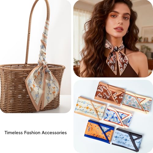 ZXZH 6 Pack Fashion Scarves for Women, Versatile Boho Head Scarf, Satin Scarf for Hair, Neck, Wrist, and Purse Accessories - color: Cognac Botanical Mix