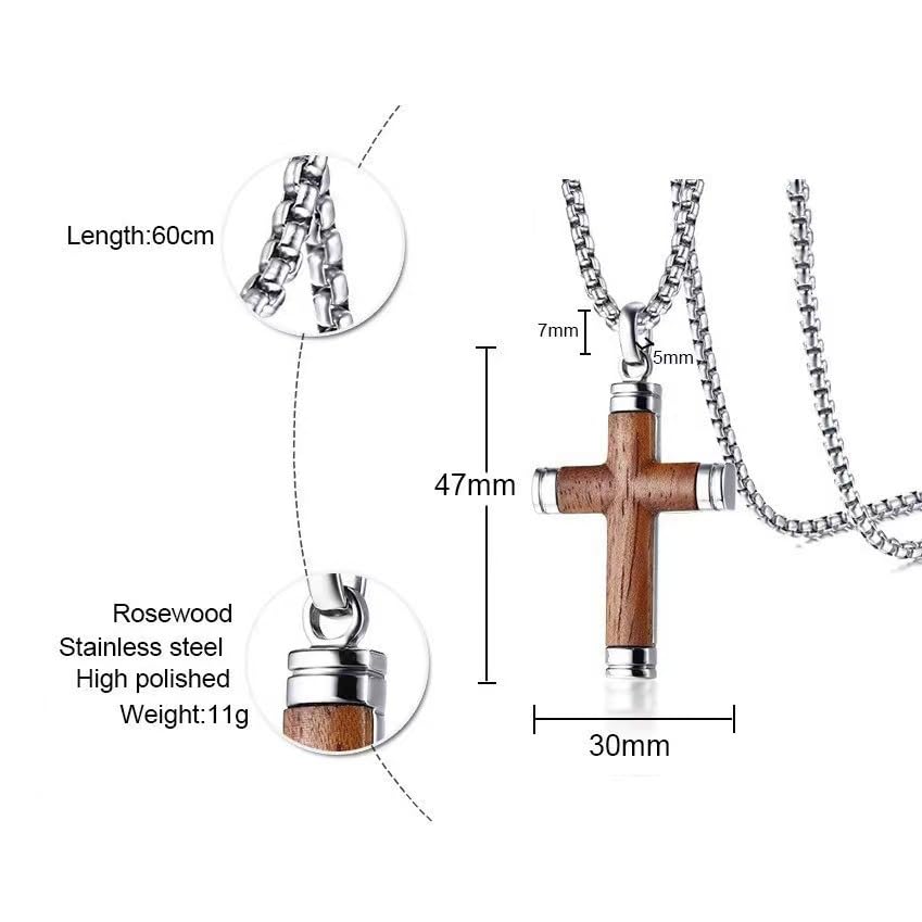 Cross Necklace for Men Vintage Wooden Cross Necklaces Wood Crucifix Pendant Christian Jewelry Gift for Men - color: Silver Surround