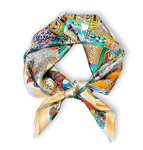 100% Mulberry Silk Neck Scarf - 21'' x 21'' Lightweight Neckerchief - Women Men Small Square Digital Printed Scarves - color: Beige Graffiti