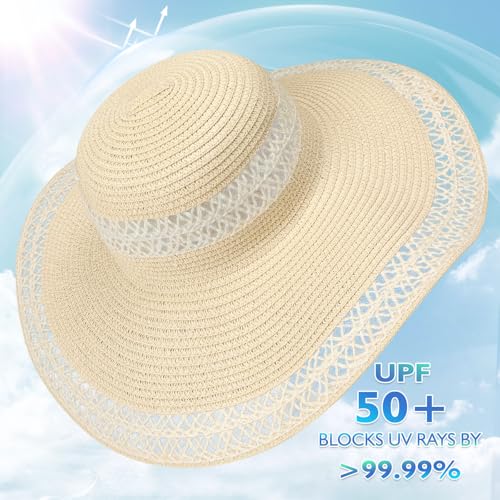 Womens Beach Sun Straw Hat, Wide Brim Sun Hat Travel Foldable Summer Wind Lanyard UPF 50+ - color: Beige With Lace