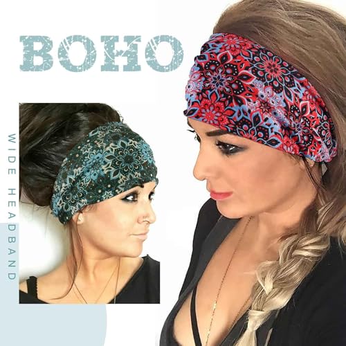 Acenail Wide Headbands Women Boho Turban Knotted Headband Floral Elastic Non Slip Hairband Workout Yoga Head Scarfs Bohemian Headwraps Fashion Hair Accessories for Women 4Pcs (Floral) - color: Floral