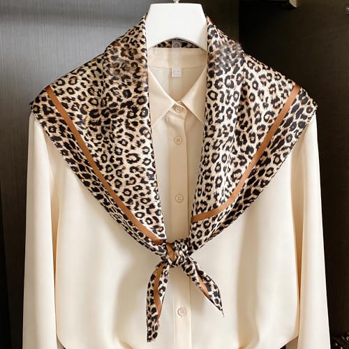 IZUS Women Fashion Leopard-Head-Scarf 35 inch-Large-Square Hair-Scarves Silk-Satin-Like Neck-Bandana Sleeping-Head-Wraps - color: Leopard-light Khaki
