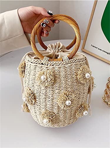Summer Straw Bag for Women Pearl Flower Bucket Tote Bag Diamond Handbag Hand Woven Rattan Shell Purse Drawstring - color: A-beige