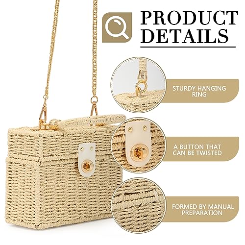Fecialy Women Handwoven Rattan Handbag Beach Straw Tote Bag Square Boho Crossbody Bag - color: Beige