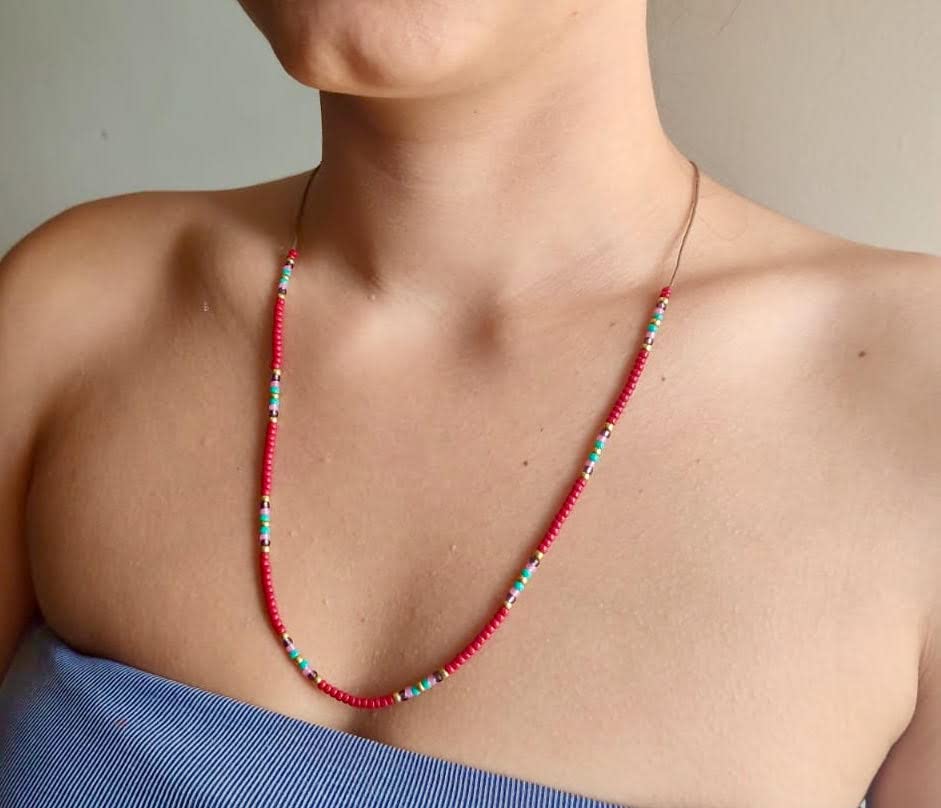 Beaded Choker Necklace for women and Teen Girls, Boho Bohemian Adjustable Colorful Seed Beads Necklace, Handmade Native American Style Jewelry by TRIBES - color: Burgundy Multicolor, style: Single Necklace