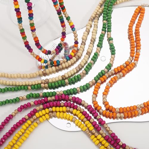 COLORFUL BLING Layered Boho Wood Beaded Choker Necklace Vintage Natural Wooden Bead Collar Necklace for Women Handmade Tribal Bohemian Jewelry - color: Rose