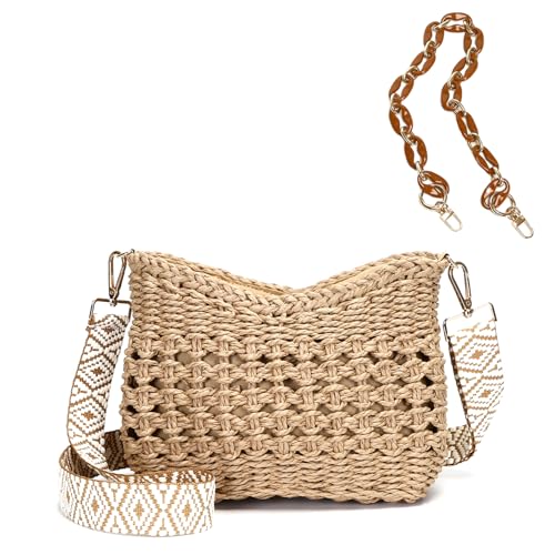 Herald Small Summer Crossbody Bags for Women, Beach Handmade Straw Woven Pocketbooks Handbag Shoulder Purse - color: Hollow Out Coffee