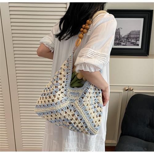 OANEXX Summer Straw Hobo Bags for Women Boho Woven Mesh Beach Tote Bag Large Capacity Crochet Vacation Shoulder Handbag - color: Blue