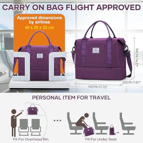 Travel Duffel Bag, 18x14x8 Inches Travel Bag Spirit with Shoes Compartment, Weekender Overnight Bag for Women with Trolley Sleeve, Carry On Bag for Airplanes Sport Tote Gym Bag DeepPurple - color: E20-DeepPurple, size: Large