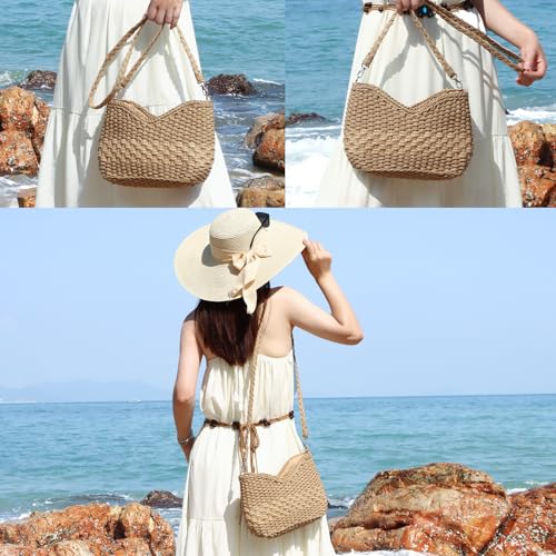 KUANG! Handmade Woven Shoulder Bag for Women Summer Beach Straw Purse Crossbody Handbag with Strap - color: Brown
