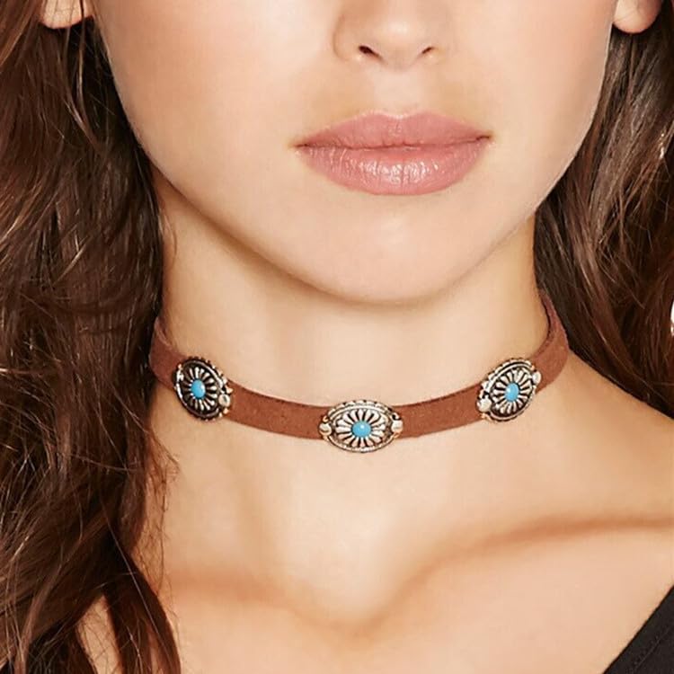 Western Turquoise Choker Necklace for Women Gothic Black Choker Necklaces Boho Summer Cowgirl Rodeo Country Concert Outfits Jewelry Accessories - color: Brown Turquoise