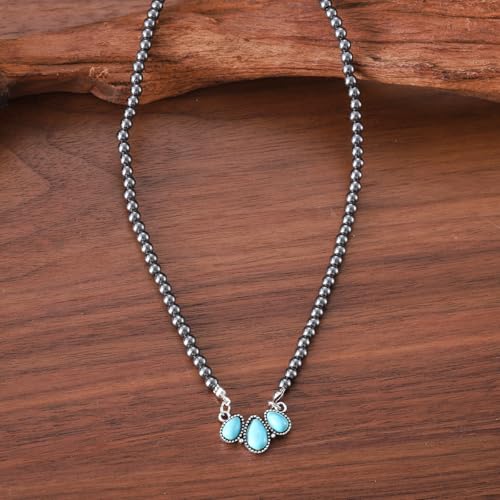 coadipress Navajo Pearl Necklace Western Jewelry for Women Boho Beaded Choker Necklaces Vintage Turquoise Pendant Cowgirl Necklace - style: Fan Blue