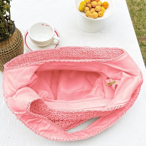 Hand-woven Soft Large Straw Shoulder Bag Boho Straw Handle Tote Retro Summer Beach Bag Rattan Handbag - color: Bright Pink