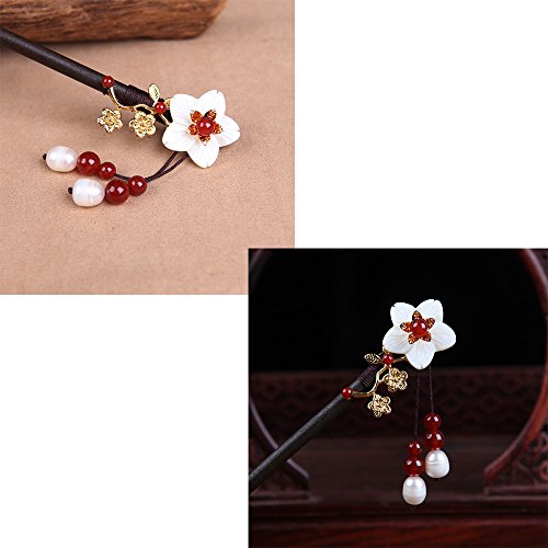 Chinese Classical Hairpin Pearl Shell Flower Headdress Hair Chopsticks for Women Wooden 7.08" Hair Sticks for Buns with gift Box(1pack) - color: C