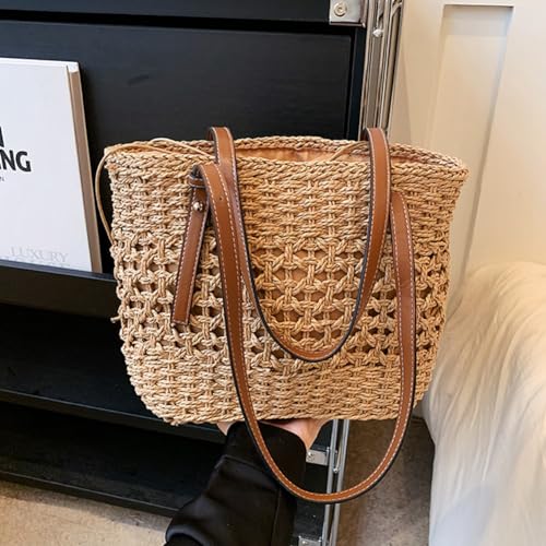 Stylish Boho Straw Tote Bag Hand-woven Purse Beach Handbag Summer Shoulder Bag With Adjustable Strap - color: Khaki