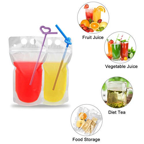 100 Pcs Drink Pouches with 100 Straw Holes, Freezable Juice Pouches, Translucent Reclosable Zipper Plastic Pouche Drink Bags for Cold & Hot Drinks for Adults and Kids - color: 100pcs Drink Pouches