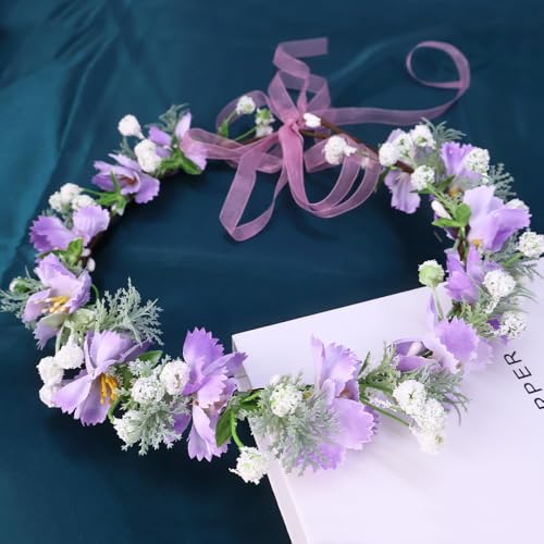 Boho Floral Crown for Women– Adjustable Faux Silk Flower Headband, Handmade Wedding Hair Accessory for Festivals & Photoshoots, Flower Hair Crown for Women (Purple White Flower, Adjustable) - color: Purple White Flower
