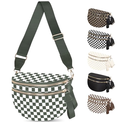 Spacious Nylon Checkered Crossbody Bum Bag for Women, Fashion Checkerboard Fanny Pack Purse with Anti-theft Pocket, Adjustable Wider Strap Wasit Bag (White-Green) - color: White-Green