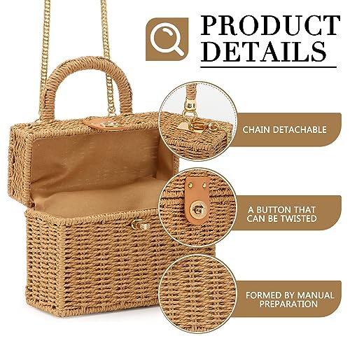 Fecialy Women Handwoven Rattan Handbag Beach Straw Tote Bag Square Boho Crossbody Bag - color: Brown
