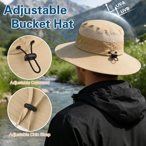 Sun Hat for Men Women UV Protection Wide Brim Fishing Hats Breathable UPF 50+ Boonie Bucket Hats Beach Safari Hiking Garden - color: 1 Pack Khaki