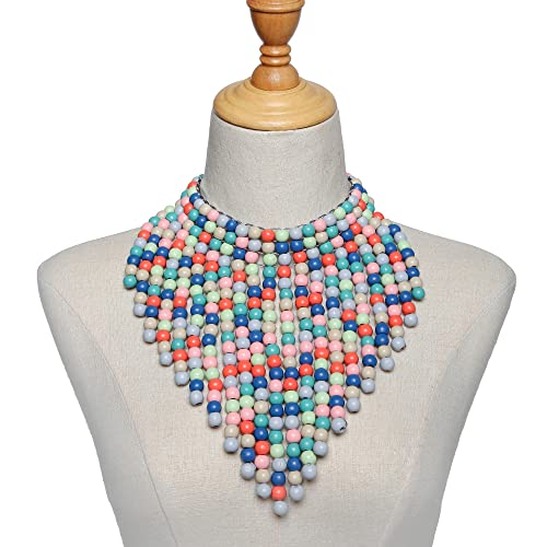 COLORFUL BLING Boho African Wooden Beaded Bib Statement Choker Necklace Long Multi Strand Chunky Layered Collar Tassel Necklace for Women Handmade Jewelry - color: blue mix