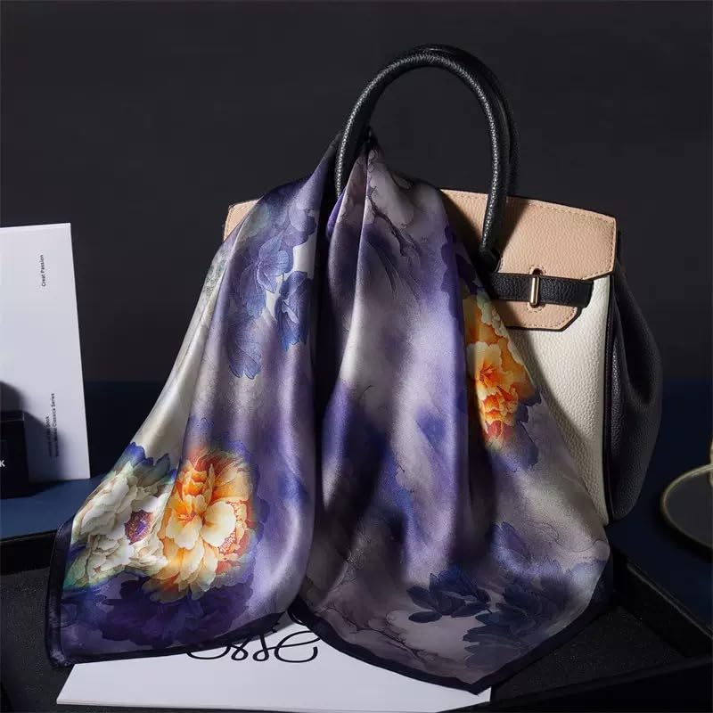 ANDANTINO 100% Mulberry Silk Square Scarf for Hair-25.6" X25.6'' Women Men Natural Silk Neckerchief Digital Printed Headscarf - color: Flowers-purple