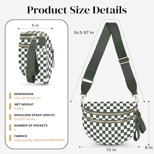 Spacious Nylon Checkered Crossbody Bum Bag for Women, Fashion Checkerboard Fanny Pack Purse with Anti-theft Pocket, Adjustable Wider Strap Wasit Bag (White-Green) - color: White-Green