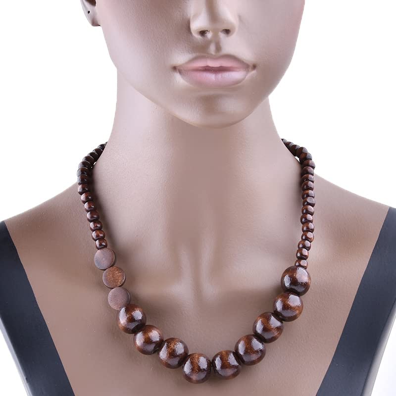 COLORFUL BLING Natural Chunky Wooden Beads Statement Necklace Boho African Tribal Collar Choker Bib Necklace Hippie Vacation Jewelry for Unisex Men Women - color: dark ball