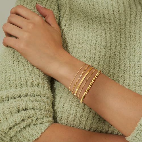 DEARMAY 14K Gold Plated Bracelets for Women, Jewelry Sets Cute Tennis Beaded Bracelets Cuban Link Paperclip Chain Dainty Bracelet Pack Gifts - color: BRACELET-L