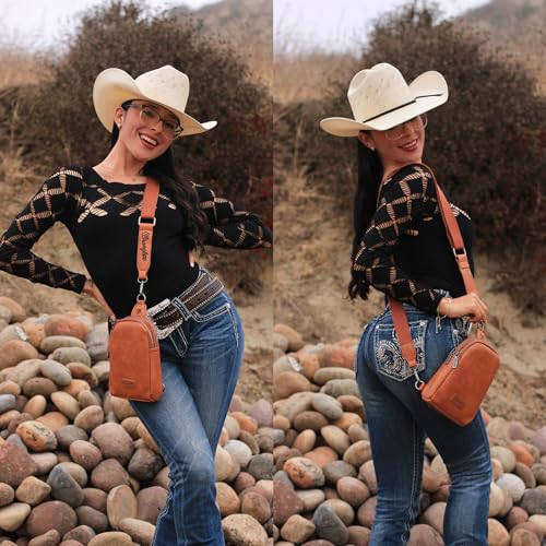 Wrangler Small Sling Bag for Women, Leather Crossbody Bags Cross Body Purse Fanny Packs with Adjustable Strap for Gift - color: *Classic-light Brown