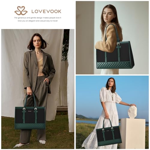LOVEVOOK Laptop Bag for Women 15.6 inch Canvas Laptop Tote Bag, Large Capacity Work Bags with Clutch Purse, Computer Bags Office Business Briefcase, Casual Handbag for Travel College Teacher - color: Green & Black, size: 15.6 inch