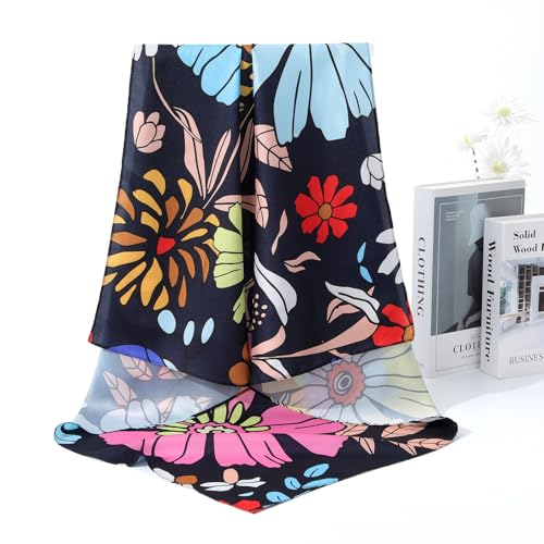AWAYTR 35” Silk Scarf for Women Large Head Scarf Square Hair Scarf Satin Hair Bandana Printed Silk Sleeping Head Wrap - color: Cartoon Flower(black)