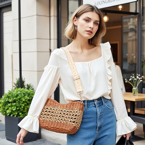 Herald Small Summer Crossbody Bags for Women, Beach Handmade Straw Woven Pocketbooks Handbag Shoulder Purse - color: Orange With Gold Thread