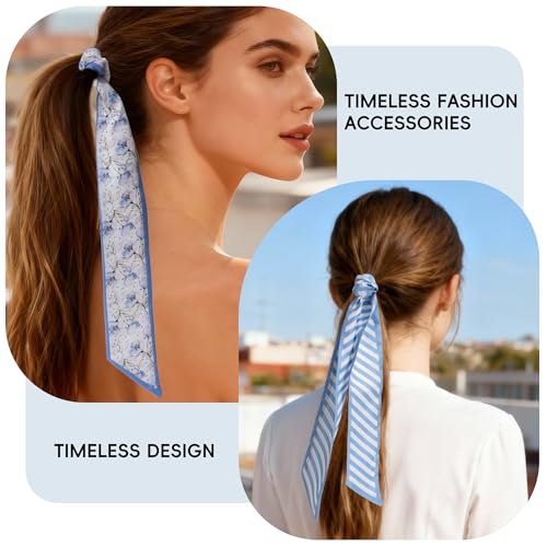 ZXZH 6 Pack Fashion Scarves for Women, Versatile Boho Head Scarf, Satin Scarf for Hair, Neck, Wrist, and Purse Accessories - color: Sweet Blue Print
