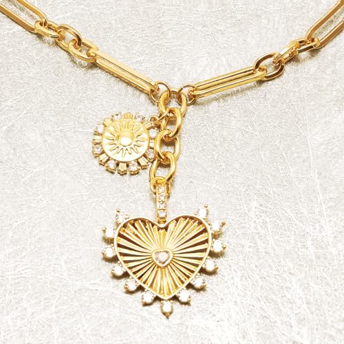 ORIGENCE Sun Heart Necklace for Women 18K Gold Plated Heart Pendant Necklace Chunky Chain Choker Necklaces Hip Hop Charm Necklaces Trendy Unisex Jewelry - style: ZCharm-Gold