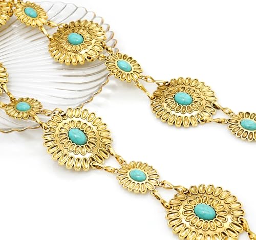 Women's Concho Chain Belt Western Cowgirl Metal Waist Chain Belt for Dress - color: E Turquoise Gold, size: XL: 59 in