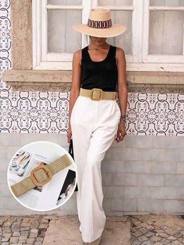 2/4 Pack Straw Woven Elastic Stretchy Waist Belts for Women, Fashion Boho Waist Belt Rattan Raffia Ladies Belts - color: Pattern3, size: Large
