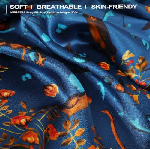 100% Pure Mulberry Silk Scarf 43”*43” Large Square Lightweight Headscarf Women’s Hair Wraps Shawls with Gift Packed - color: Blue Flower Bird