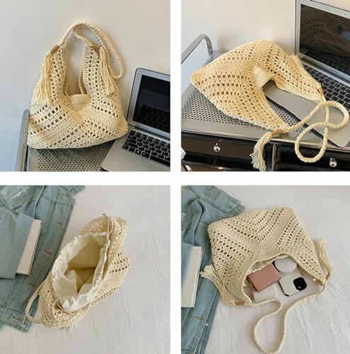 Boho Straw Bags for Women Large Woven Tote Bag Straw Beach Bag Shoulder Bags Purse Handbags Summer Straw Hobo Bag - color: Khaki